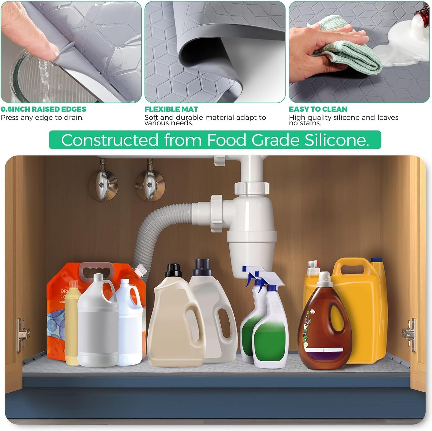 TRZZ Silicone Waterproof Under Sink Mat 28" x 19", Drip Tray and Cabinet Liner for Kitchen and Bathroom, Prevents Water Damage and Organizes Cabinets (Grey)