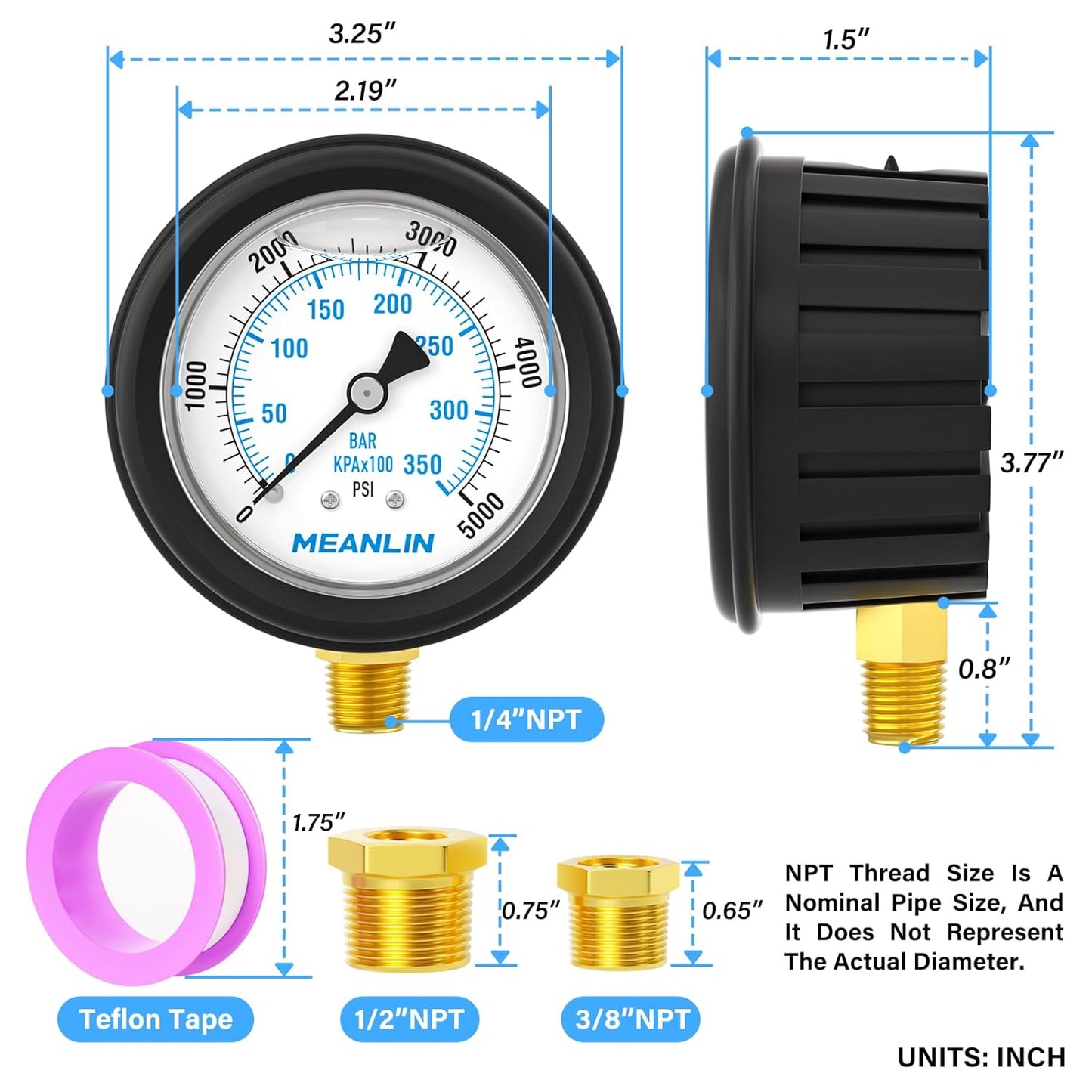 MEANLIN MEASURE 0~5000Psi Stainless Steel 1/4" NPT 2.5" FACE DIAL Liquid Filled Pressure Gauge, Lower Mount (with Rubber Protective Sleeve), with 1/2" NPT and 3/8" NPT Hex Bushing