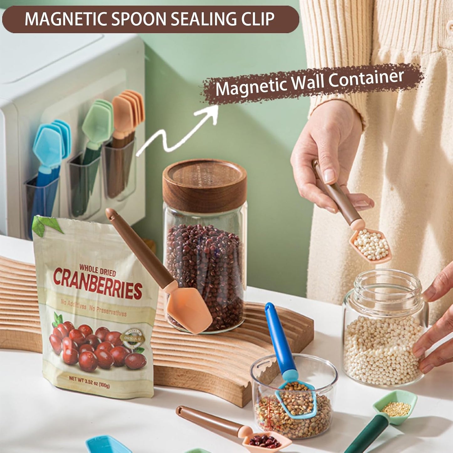 2 SET of 8 PCS Multi-functional sealing clip with measuring spoon Magnetic Coffee Measuring Spoon Sealing Clips with Wall Container Mount, PP materia, Deep Bowl Design (Pink)