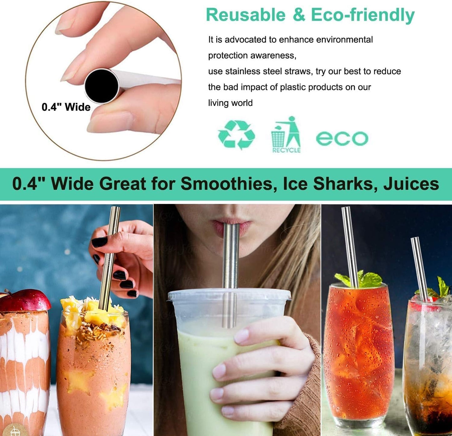 Vinaco Stainless Steel Smoothie & Milkshake Straws 4-Pack | 0.4'' Extra Wide Metal Straws Reusable for Thick Drinks, Shakes, Bubble Tea | Dishwasher Safe & 1 Cleaning Brush | Home & Travel Accessories