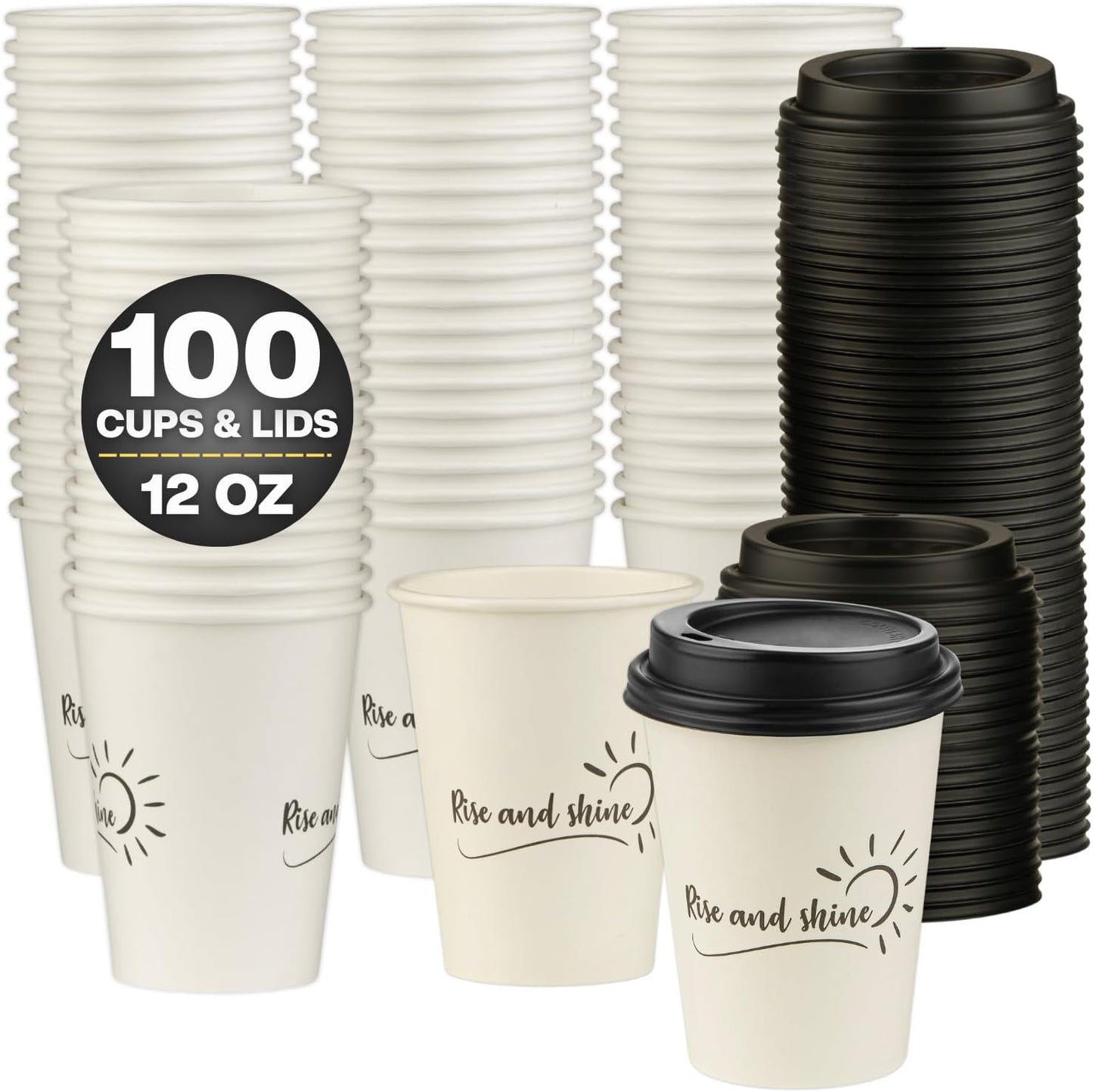 Smygoods Disposable Coffee Cups with Lids, To Go Paper Hot Cups, Rise and Shine Design (12 OZ, 100 Count) For Hot Beverages, Coffee, Tea, Espresso, Cocoa - Vasos Para Cafe