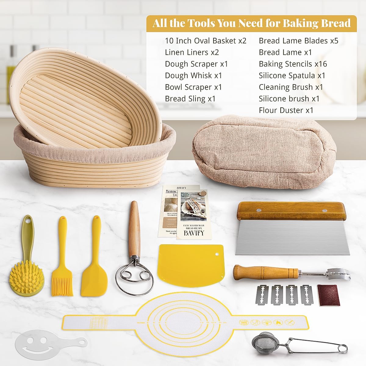 10 Inch Oval Banneton Bread Proofing Basket Sourdough Starter Kit, Sourdough Bread Baking Supplies with Bread Lame, Sling, Spatula, Scraper, Dough Whisk