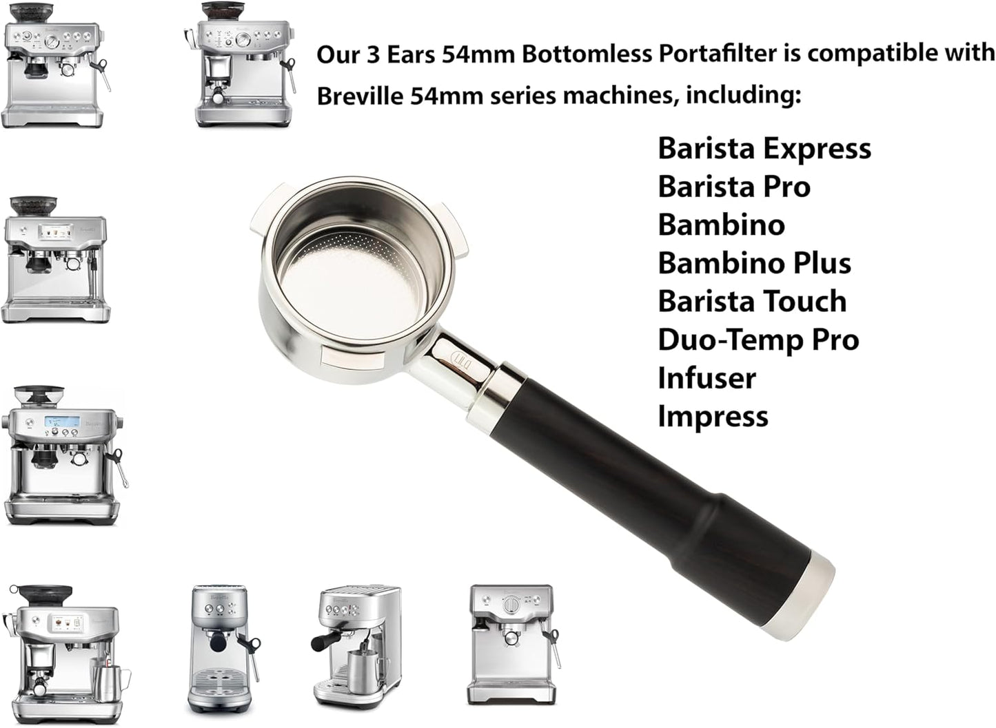 LILQ 54mm Spouted 3 Ears Portafilter Compatible with Breville Machines Stable Handle (Blackwood Fusion, 54mm Double Spouts)