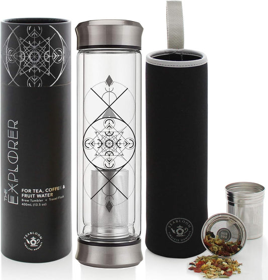 Teabloom All-Beverage Infusion Bottle – 14 oz / 400 ml – Double Wall Insulated Glass Travel Flask – Hot Tea & Cold Brew Coffee Thermos – Removable Sleeve