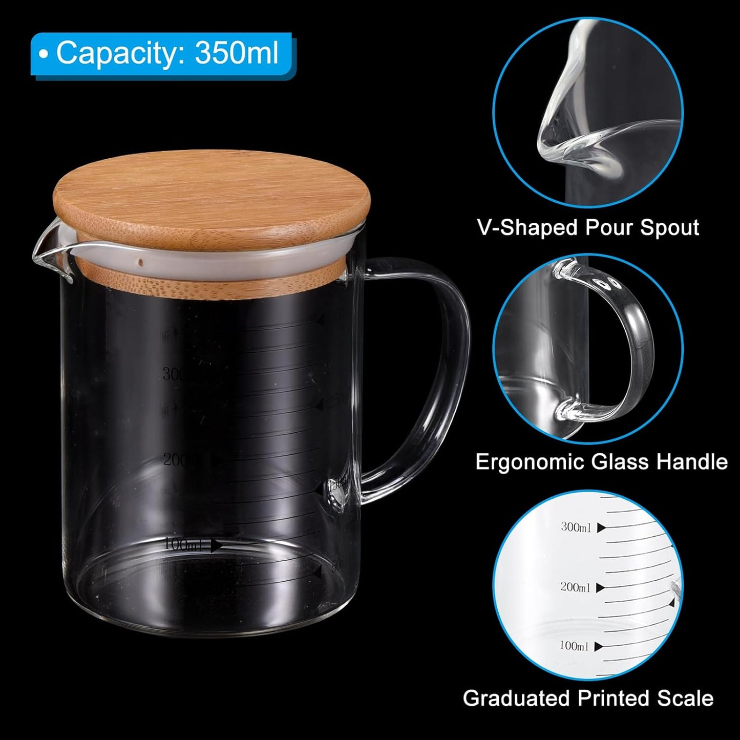PATIKIL 350ml Glass Measuring Cup, 3.3 Borosilicate Glass Graduated Black Printed Scale Liquid Measure Cups Beaker with Wood Lid and V-Shaped Spout for Kitchen