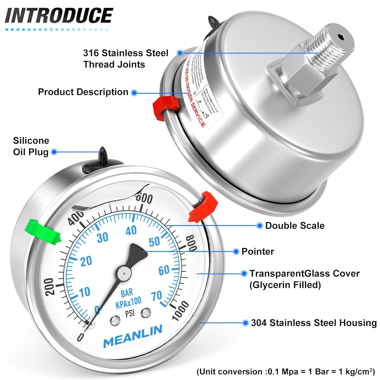 MEANLIN MEASURE 0~1000Psi Stainless Steel Liquid Filled Pressure Gauge 2.5" FACE DIAL 1/4" NPT for WOG Water Oil Air Back Mount with Stainless Steel Hex Bushing and Snaps