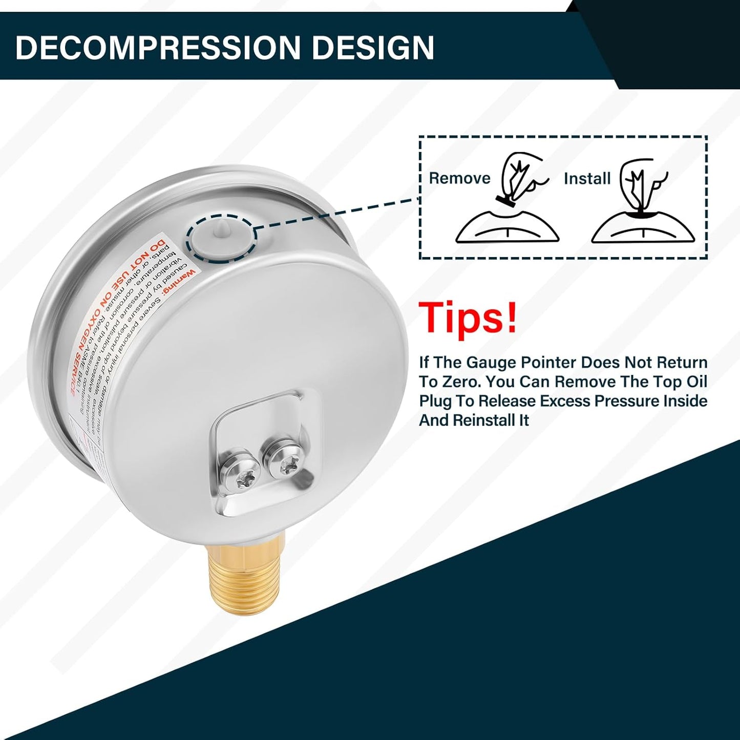 MEASUREMAN 2-1/2inch Dial Size, Liquid Filled Pressure Gauge, 0-60psi/kpa, 304 Stainless Steel Case, 1/4inNPT Lower Mount