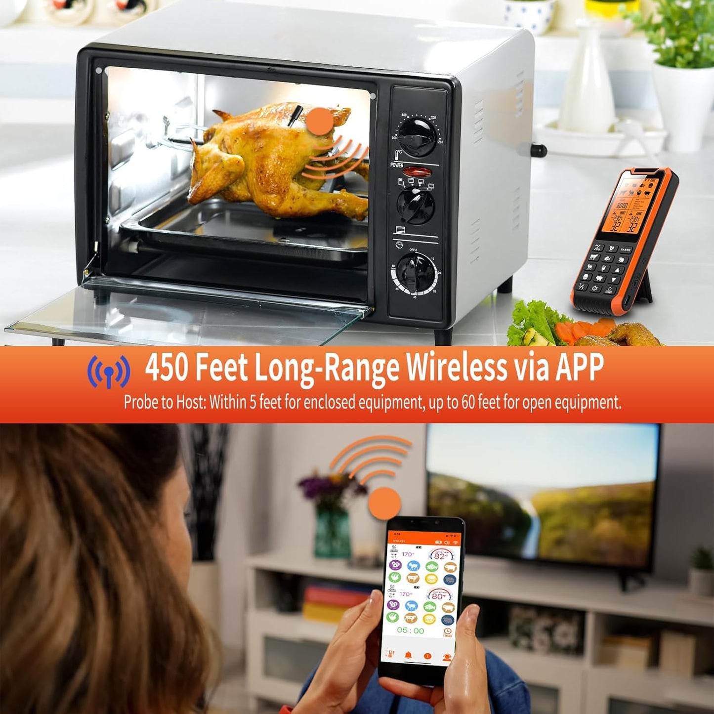 Smart Bluetooth Meat Thermometer - Long Range Wireless Food Thermometer, Digital Meat Thermometer with Dual Probes for BBQ Grill, Oven, Smoker, Air Fryer