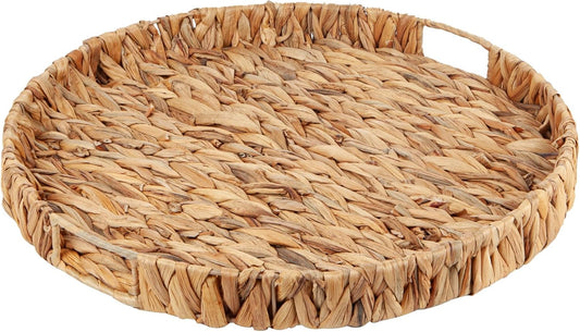 Round Ottoman Tray Large Wicker Serving Tray with Handles for Coffee Table, 18 Inch Handwoven Natural Water Hyacinth Tray