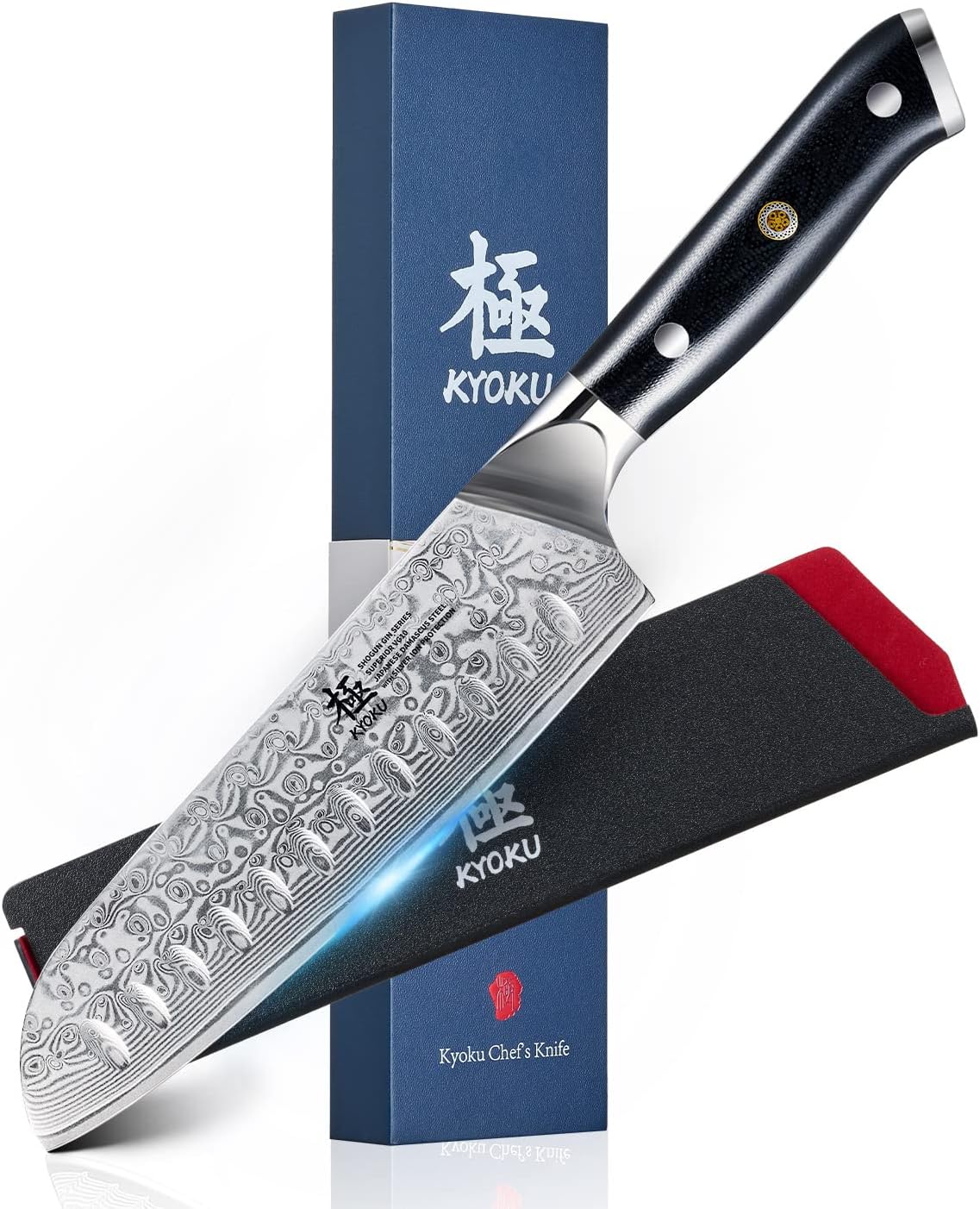 KYOKU Gin Series 7" Santoku Knife, Japanese Chef Knife VG10 Damascus Stainless Steel Kitchen Knife with Silver Ion Blade G10 Handle Mosaic Pin