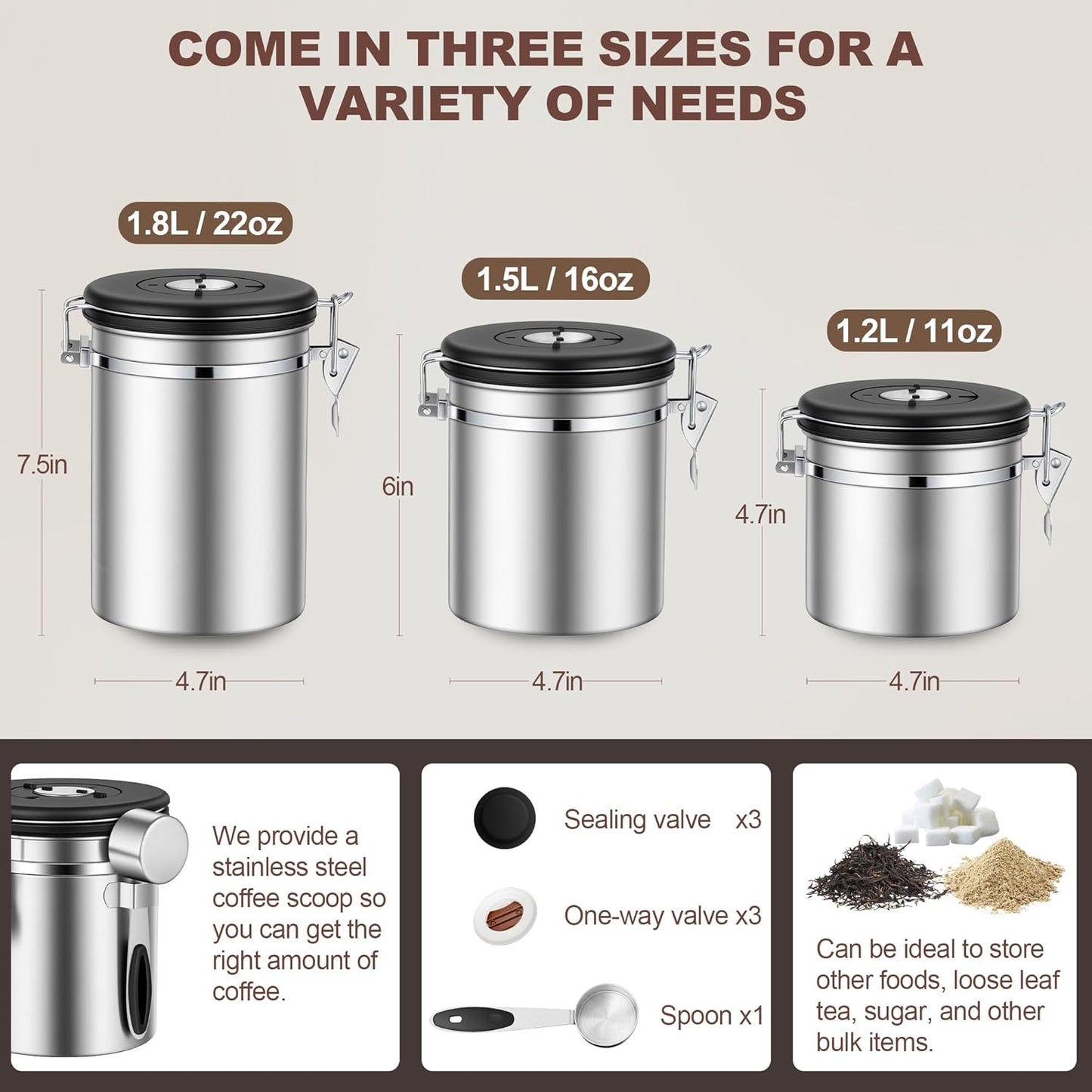 ShanSon Coffee Canister Airtight Coffee Container Stainless Steel Coffee Bean Storage Container with Scoop Coffee Canister for Beans Grounds Sugar Flour Tea Cereal,22OZ,Silver