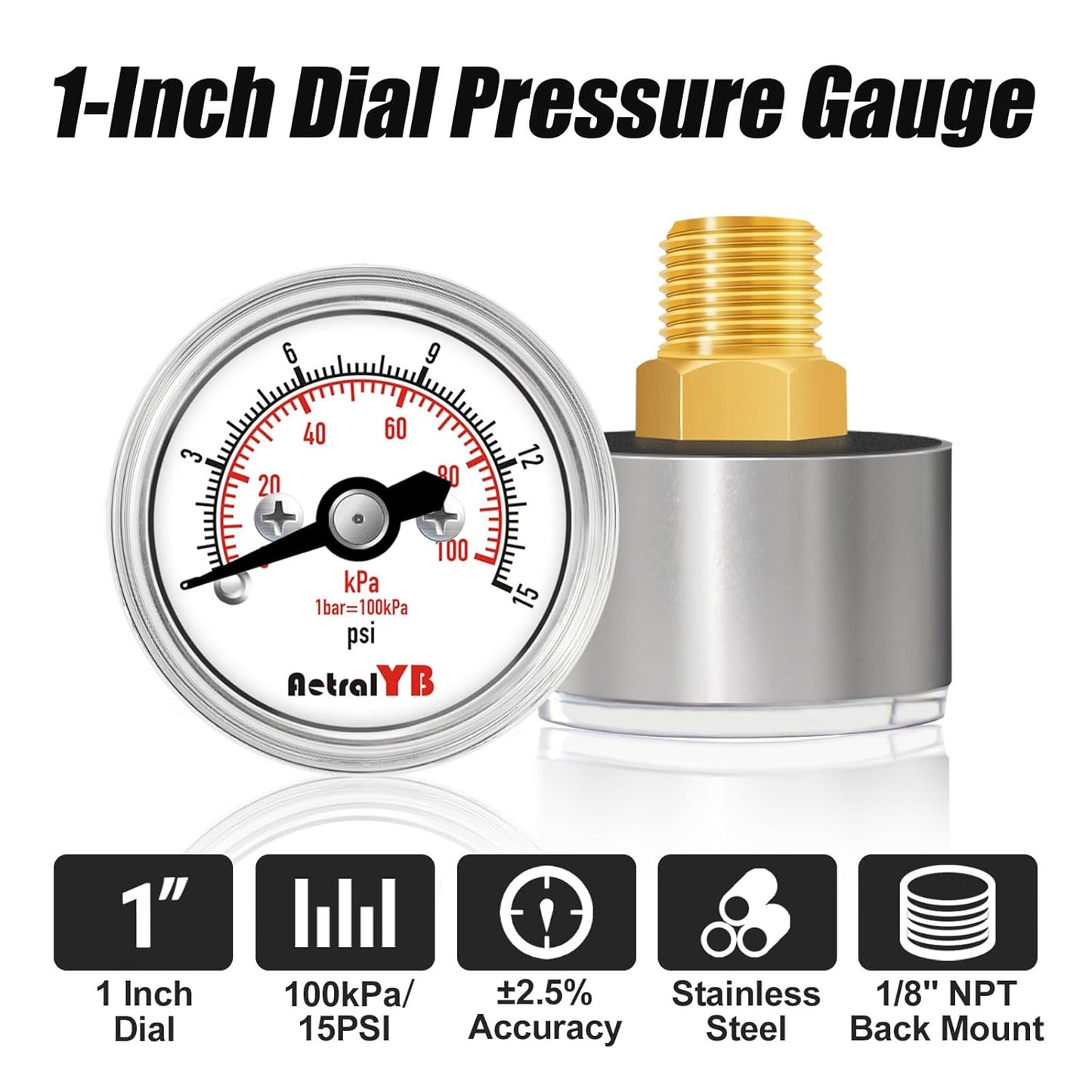 0-15 Psi Pressure Gauge, 1" Dial, 1/8 Npt Back Mount, Mini Air Gauge, 100kPa Air Pressure Gauge, Stainless Steel Case, for Water Pumps, Air Compressors Pressure Test