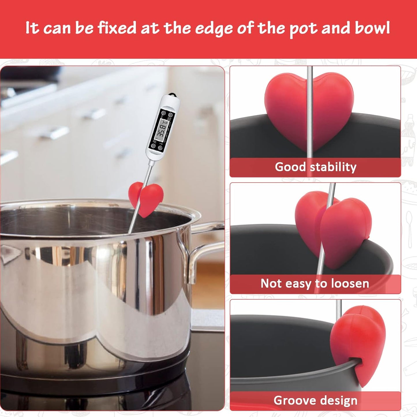 2Pcs Thermometer Pot Clip Holder, Windspeed Red Candy Thermometer Pot Clip Holder for Digital Thermometer Holder for Candle Soap Jam Candy Milk Chocolate Cooking(No Thermometer Include)