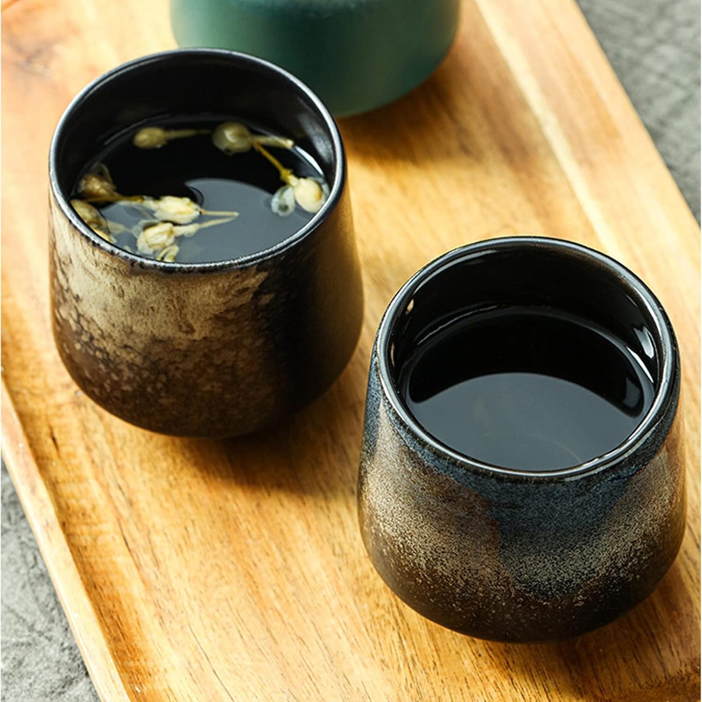 Ceramic Tea Cup, 4 Count (Pack of 1), 7.43 oz Capacity, Modern Design, Blue, Black, Grey, Christmas, Birthday, Thanksgiving, Reusable, Heavy Duty, Glazed, Teacups, Teacup