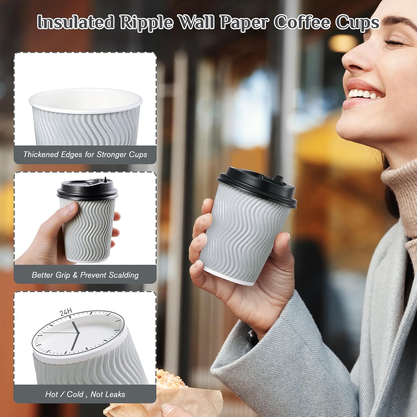 MUCHII 16 oz Disposable Coffee Cups, 80 Count Silver Grey Insulated Ripple To Go Cups With Lids and Straws for Tea, Hot Chocolate, and Drinks