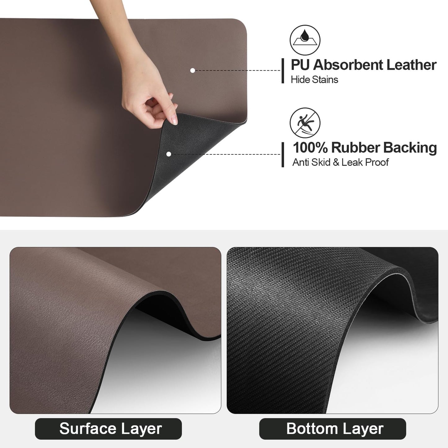 Dish Drying Mat for Kitchen Counter | Coffee Bar Mat for Countertops | Heat Resistant Drainer Mat with Non-slip Rubber Backed | Hide Stain Kitchen Absorbent Draining Mat | Brown 18"x32"