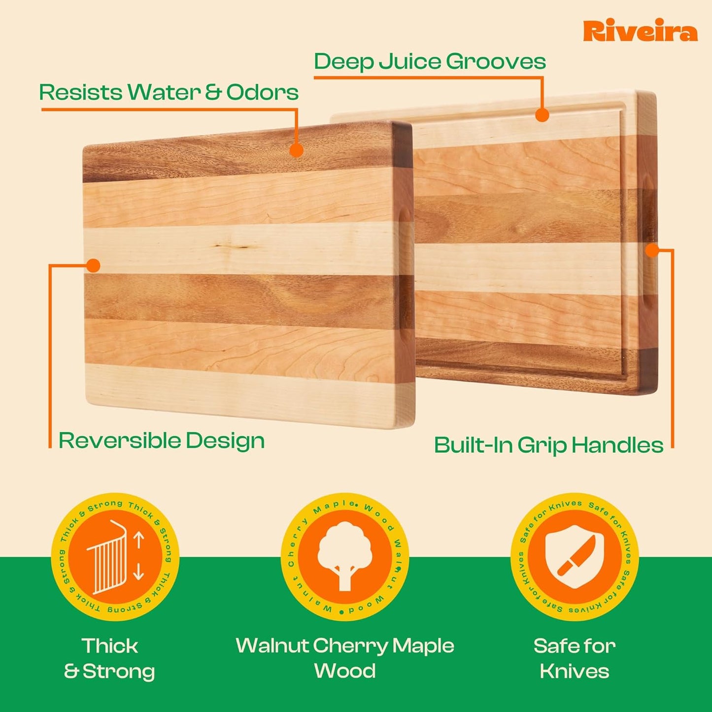 Riveira Walnut/Cherry/Maple Wood Cutting Board Set - Versatile And Durable: 3 Pcs Wooden Cutting Boards - Natural Wooden Cutting Boards For Kitchen Set - Complete Walnut/Cherry/Maple Cutting Board