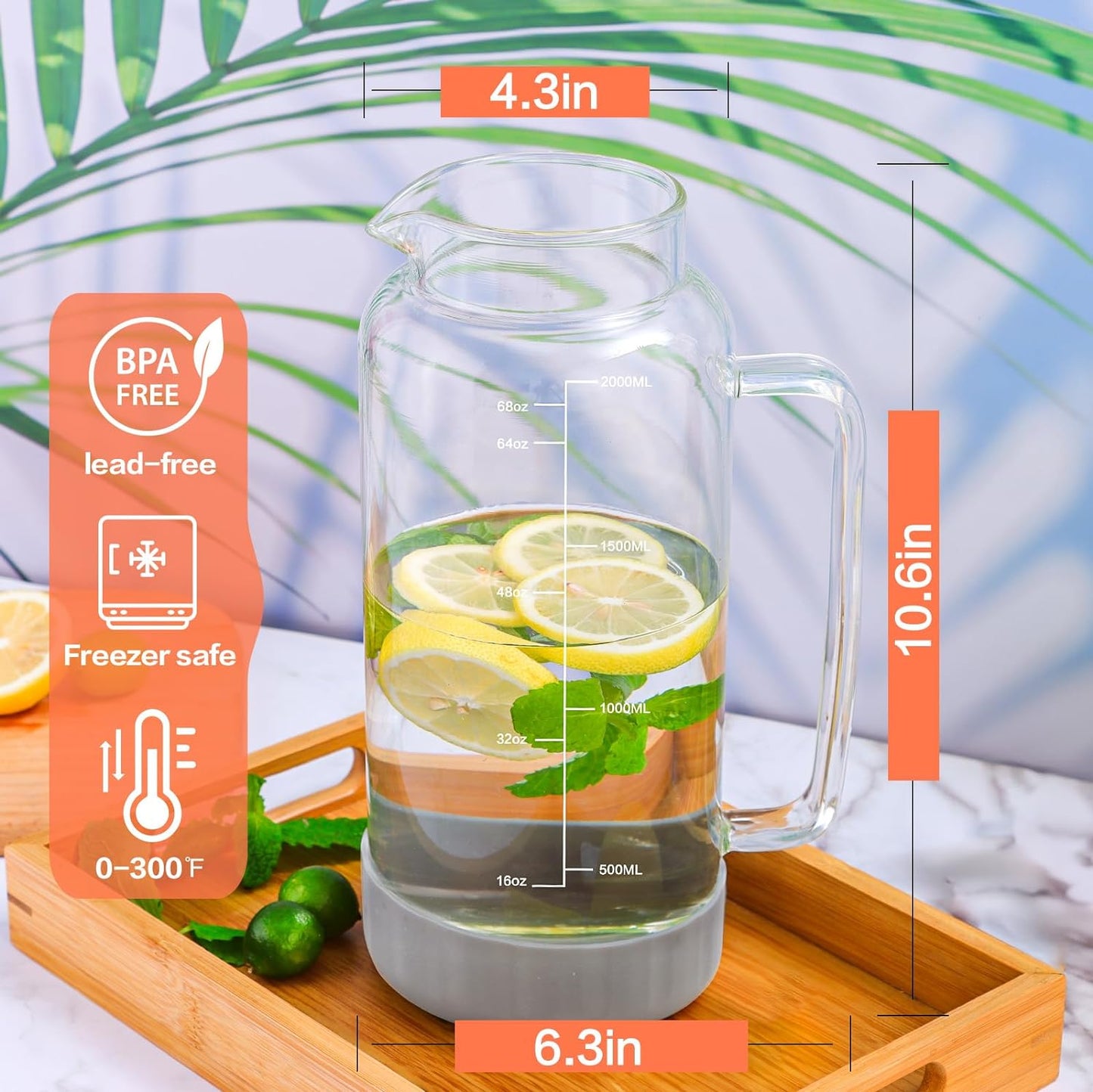 Aofmee 68oz Glass Pitcher with Lid, 2 Liter Water Carafe with Silicone Base and Precise Scale Line, Ice Tea Pitcher for Fridge, Anti-Slip Glass Jug for Sun Tea Juice Coffee Milk Beverage (Gray)