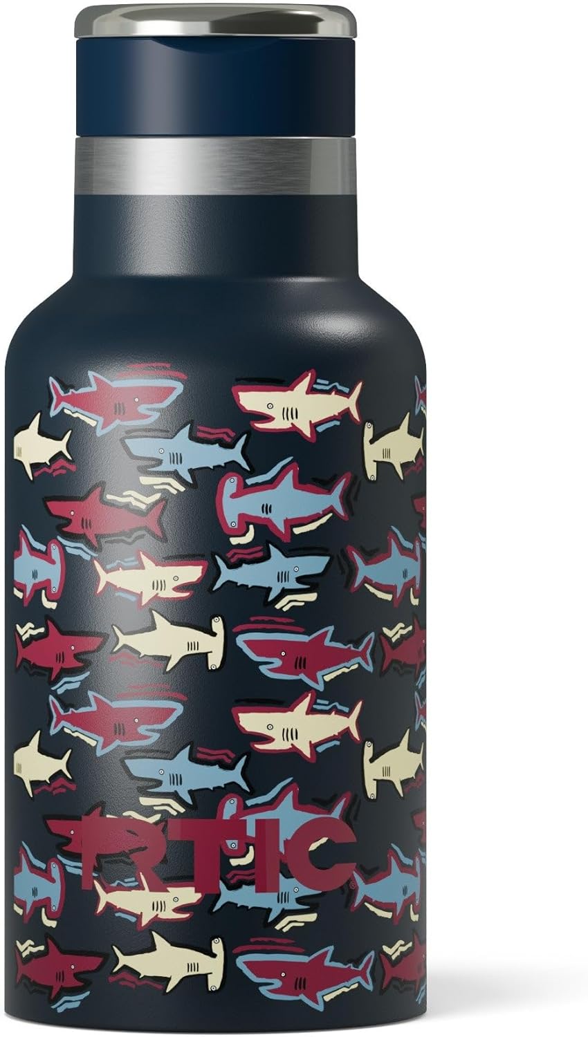 RTIC Little Journey Bottle with Straw, Insulated, Stainless Steel, Metal, Double Wall Vacuum-Insulation, Ceramic-Lined, Leak-Proof Lid, BPA-Free Water Flask for Sports, Travel, Navy Sharks