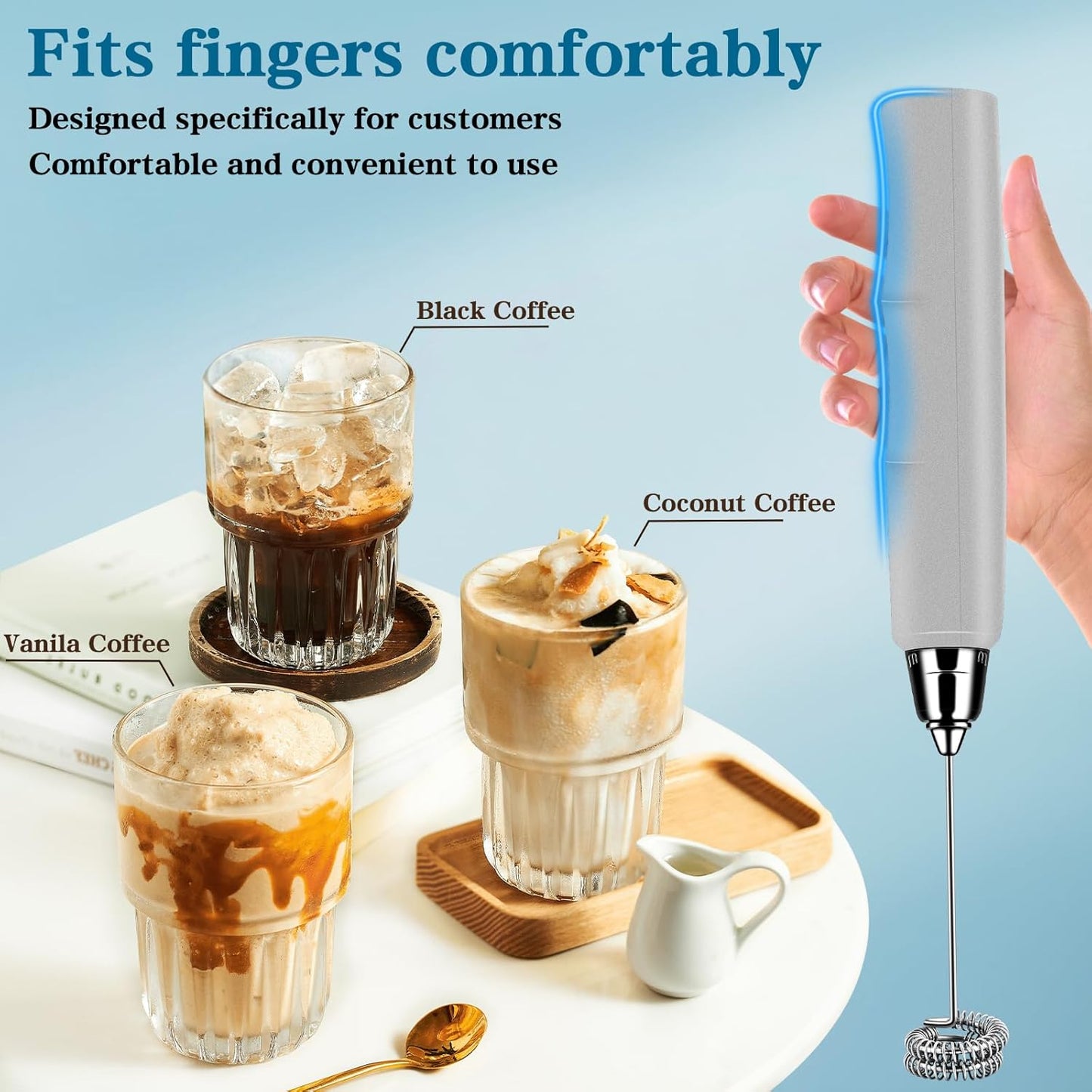 Milk Frother Handheld for Coffee, Electric Whisk 3 Speed Adjustable, Drink Mixer with Stainless 3 Whisks, Rechargeable Hand Frother Wand, Foam Maker for Latte Cappuccino Matcha Egg Silver
