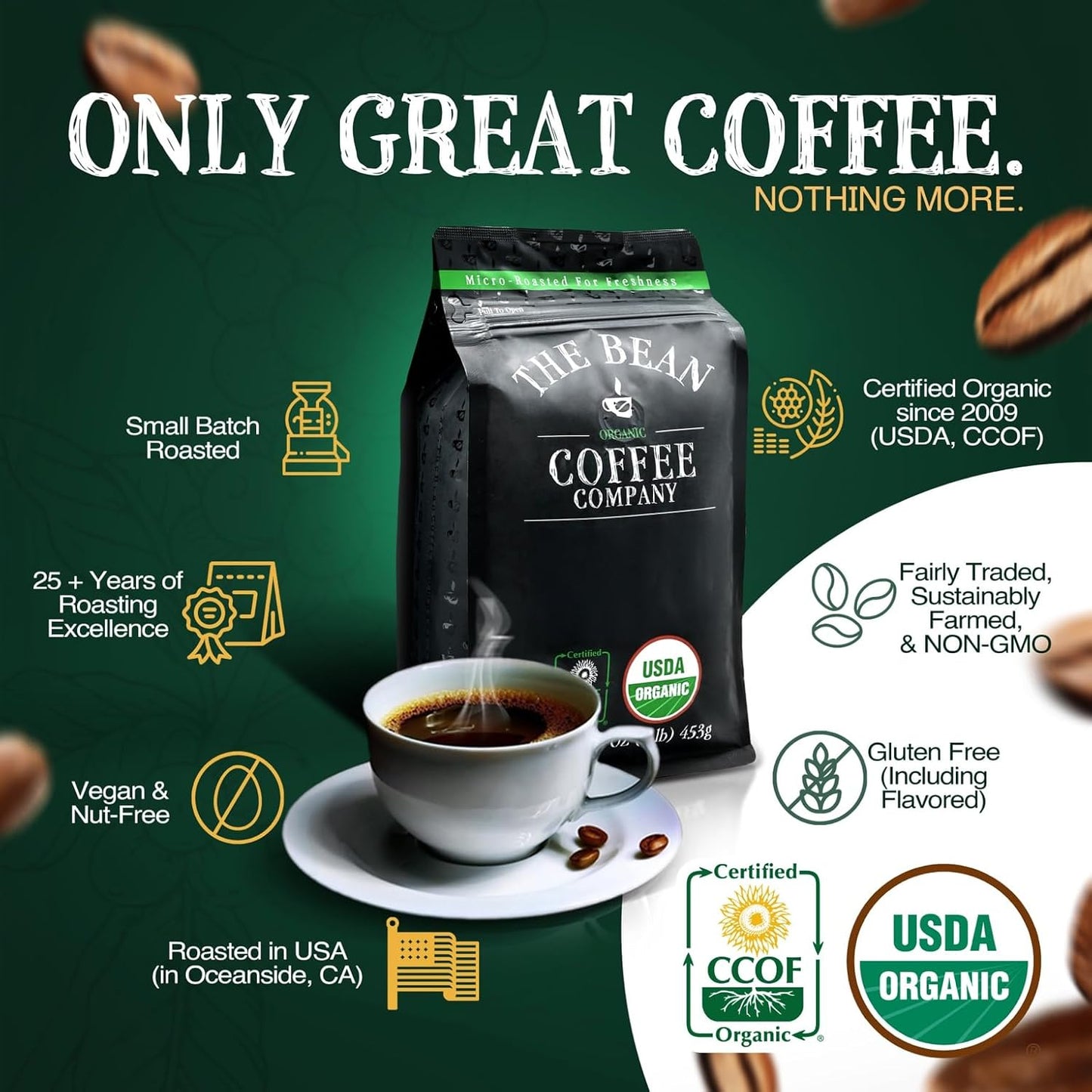 The Bean Organic Coffee Company Island Blend, Medium Roast, Ground Coffee, 5-Pound Bag, Café molido tostado orgánico