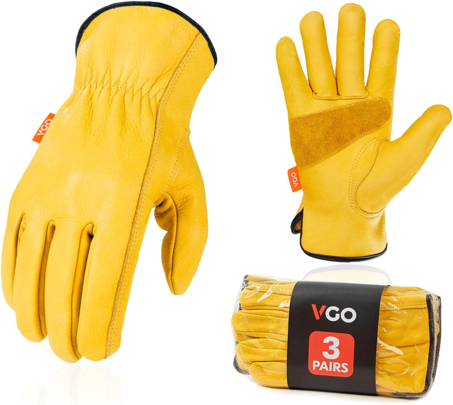 Vgo... 3-Pairs Unlined Cow Grain Leather Work and Driver Gloves with Cow Split Leather Palm Patch (Size M, Gold,CA9590)