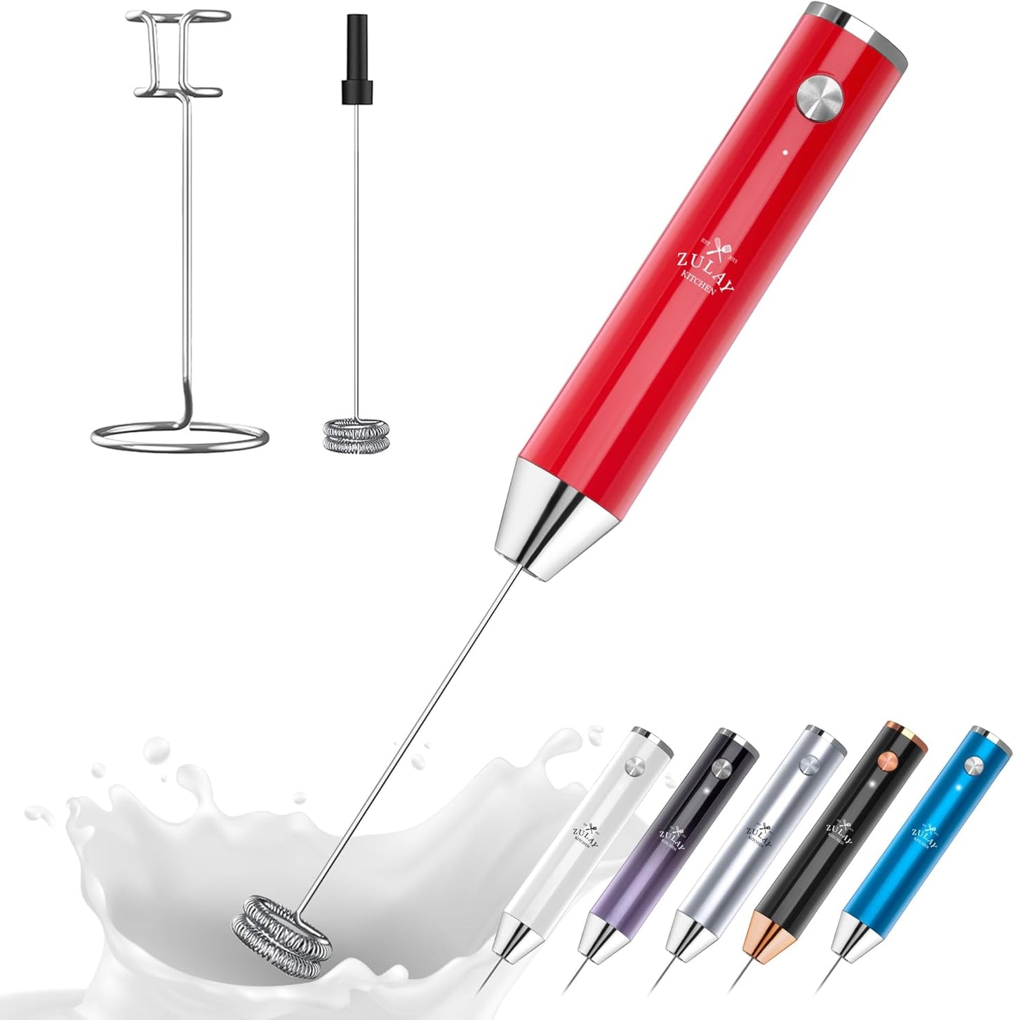 Zulay Kitchen Lux Rechargeable Milk Frother Handheld - Powerful 2-Speed Motor, Fully Waterproof, 2000mAh Battery - Drink Mixer For Latte, Cappuccino, Matcha, Protein Powder - Red