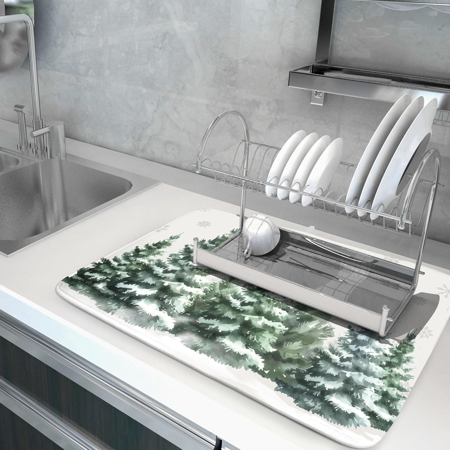 Christmas Dish Drying Mat 16x18 Inch Xmas Forest Tree Absorbent Dish Drainer Protector Pad Winter Holiday Microfiber Drying Mats Absorbent Reversible Dish Pad Kitchen Accessories for Countertop