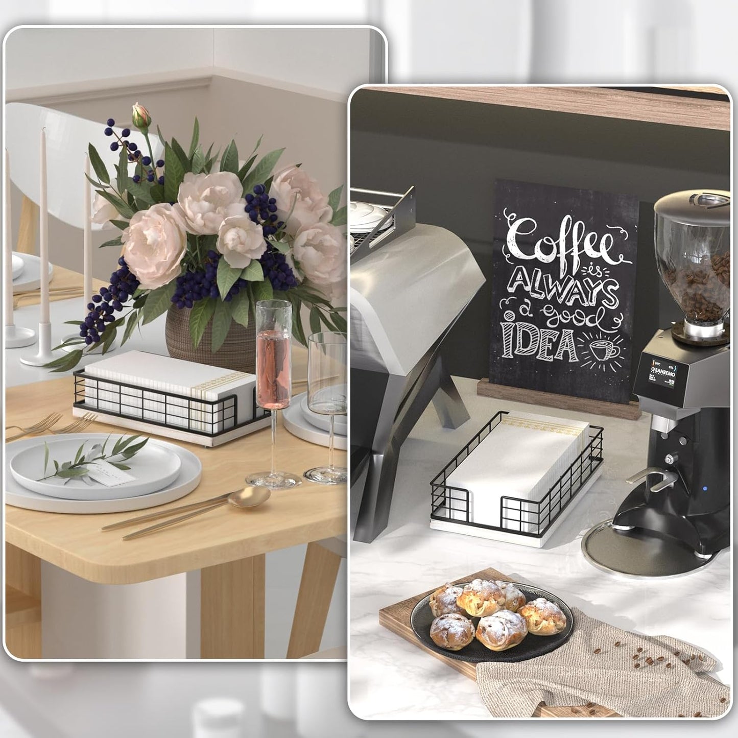 Wican Guest Towel Holder Tray for Bathroom, Oak and Iron Napkins Holder for Powder Room Dinning Table Wooden Basket for Disposable Paper Hand Towels Black and Farmhouse White