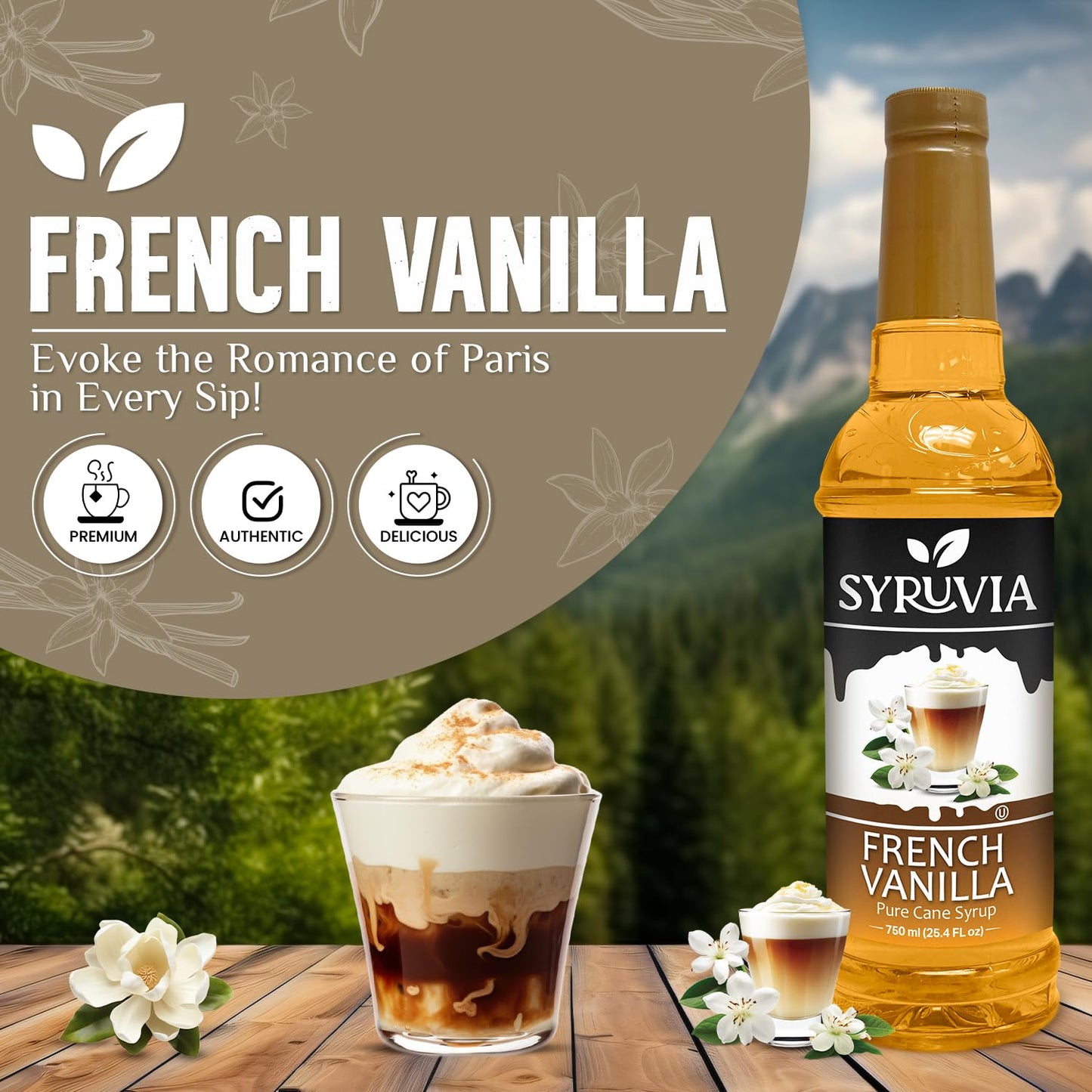 Syruvia French Vanilla Coffee Syrup - 25.4 fl oz. Premium Coffee Flavoring Syrup. Kosher, and Gluten-Free. Perfect for enhancing drinks, sodas, shakes, desserts, and more.