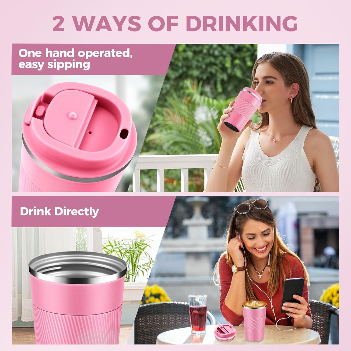 Volhoply 13 oz Stainless Steel Insulated Travel Coffee Mug with Fip Lid Bulk 4 Pack,Reusable Double Wall Vacuum Metal Coffee Cup,Portable Leak Proof Thermal Tumbler for Hot & Cold Drinks(Pink,4)