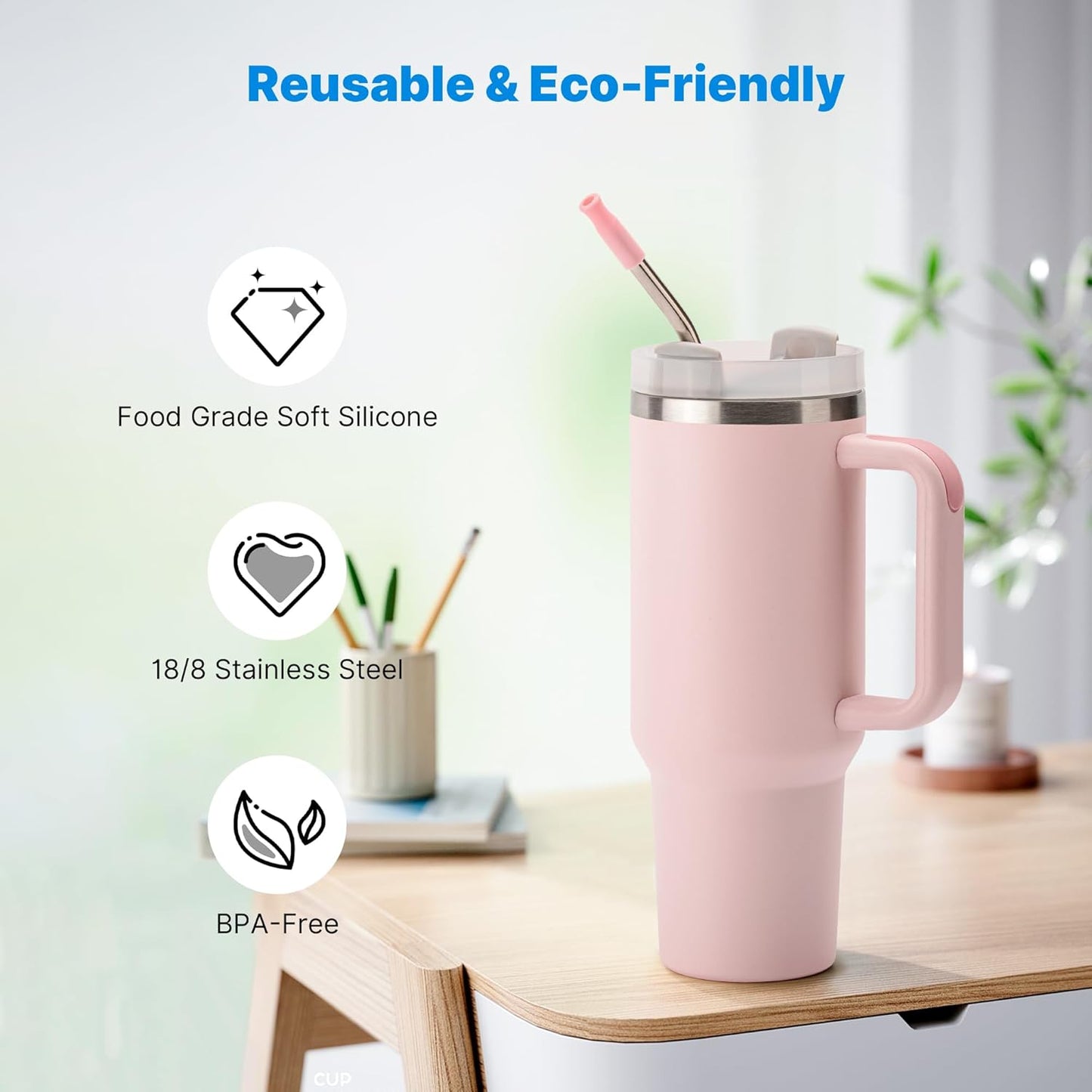 Repeatable Metal Straw with Silicone Tips for 40 oz Stanley Tumbler, 2 Pcs 40 oz Stainless Steel Straws Replacement for Stanley Tumbler, 1 Straw Brush, BPA Free（Light Pink）