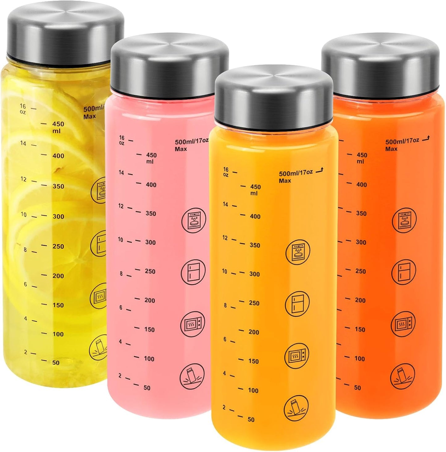 4 Pack Juice Bottles with Caps - Wide Mouth Resuable Clear Plastic Water Bottles for Juicing,Smoothie,Protein, Beverage,Storage Containers,BPA Free,Leakproof Stainless Steel Lid(16 Ounces)