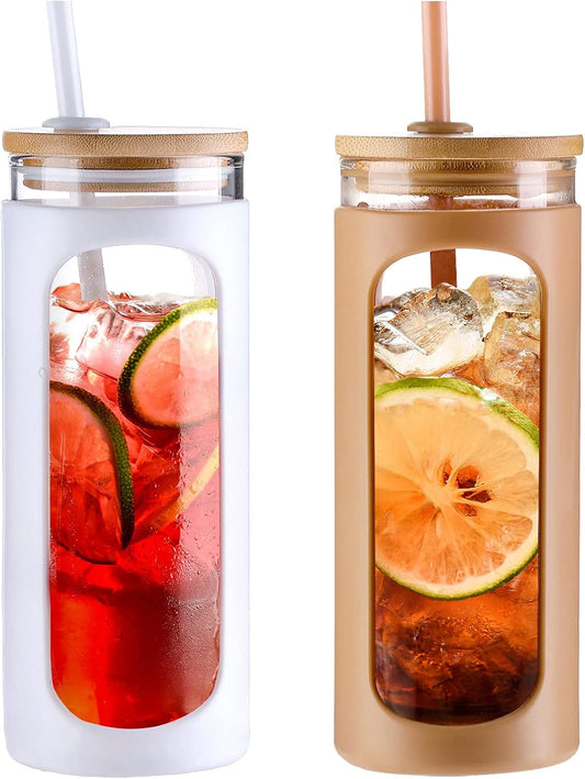 Kodrine 20oz Glass Tumbler with Straw and Lid, Bamboo Lids Water Bottle, Reusable Iced Coffee Cups, Wide Mouth Smoothie Cup with Protective Silicone Sleeve BPA FREE-White+Amber-2pack