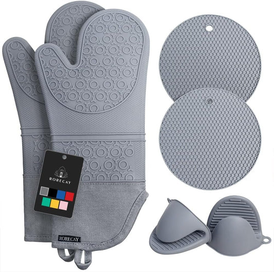 Rorecay 6pcs Oven Mitts and Pot Holders Sets for Kitchen, Extra Long Silicone Oven Gloves High Heat Resistant 500 Degrees Non-Slip Potholders Hot Pads for Baking Cooking, Grey
