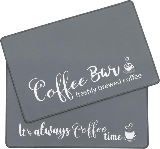 SHACOS Coffee Bar Mats 2 pcs 12x19 Inch Absorbent Non Slip Rubber, Waterproof Heat Resistant, Gray