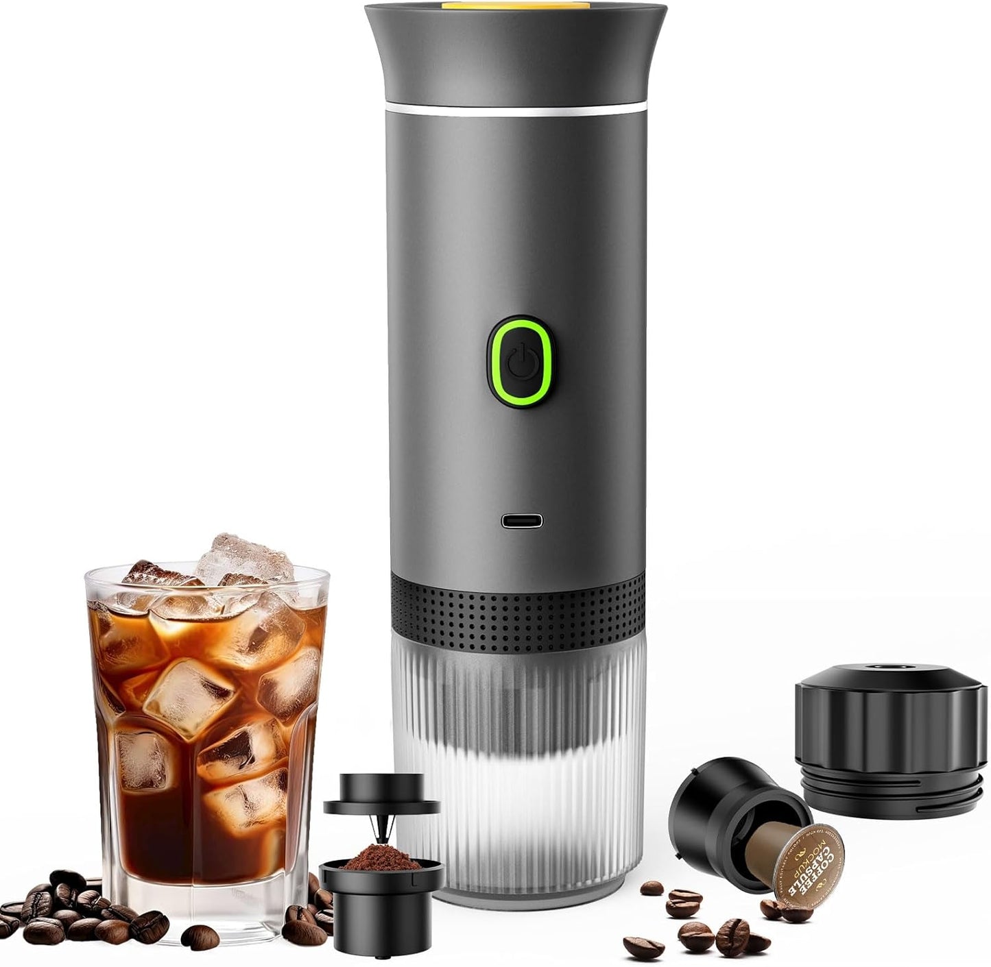 3-in-1 Portable Espresso Maker, Travel Coffee Maker, Self-Heating Car Coffee Maker with USB-C, Small Espresso Machine with Ground Coffee & Capsules (NS＆DG) for RV, Hiking, Office (grey)