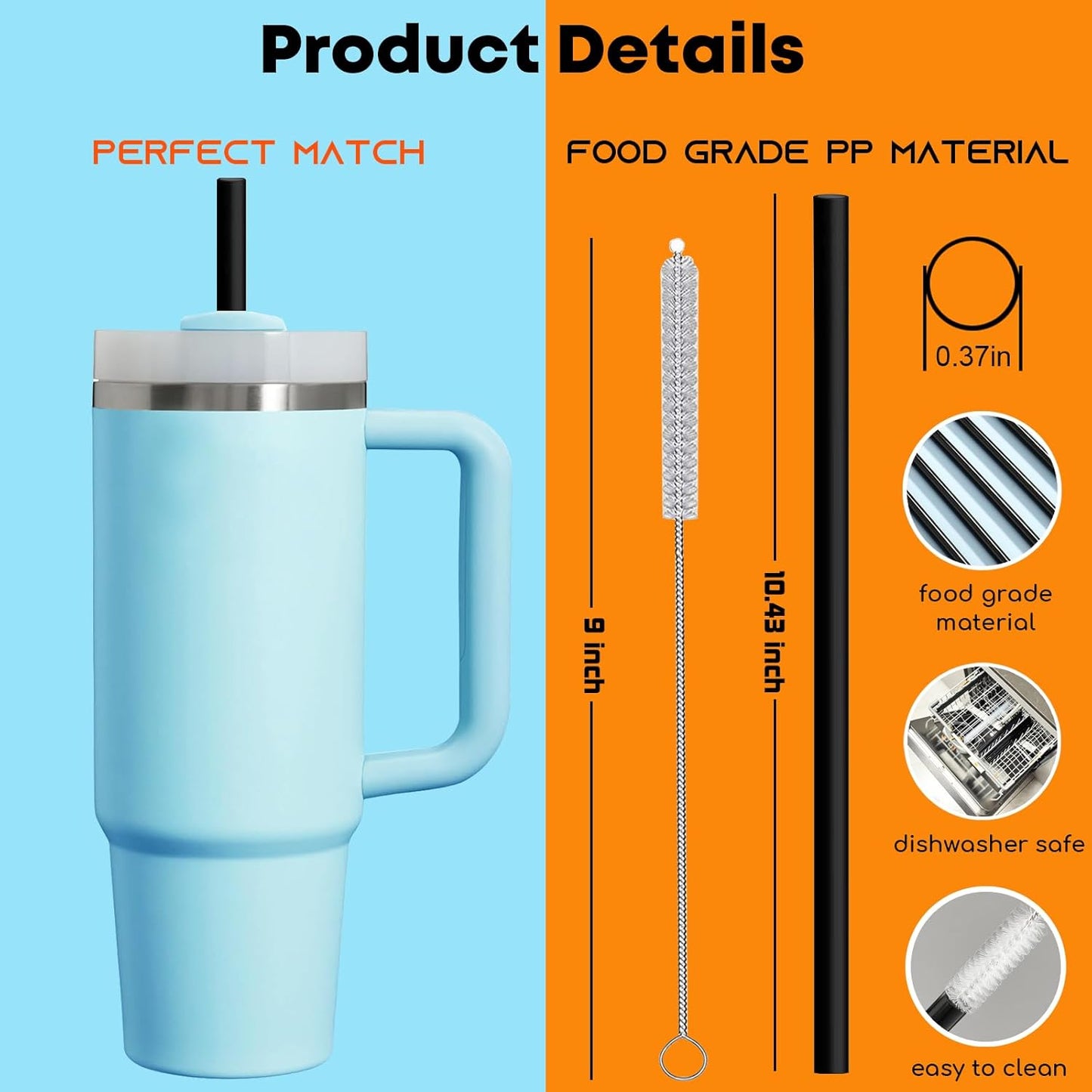 ALINK Black Replacement Straws for Stanley 30 oz Tumbler, DISHWASHER SAFE, 6 Pack Reusable Plastic Straws Compatible with 30oz Stanley Adventure Quencher Cups, Plus Brush