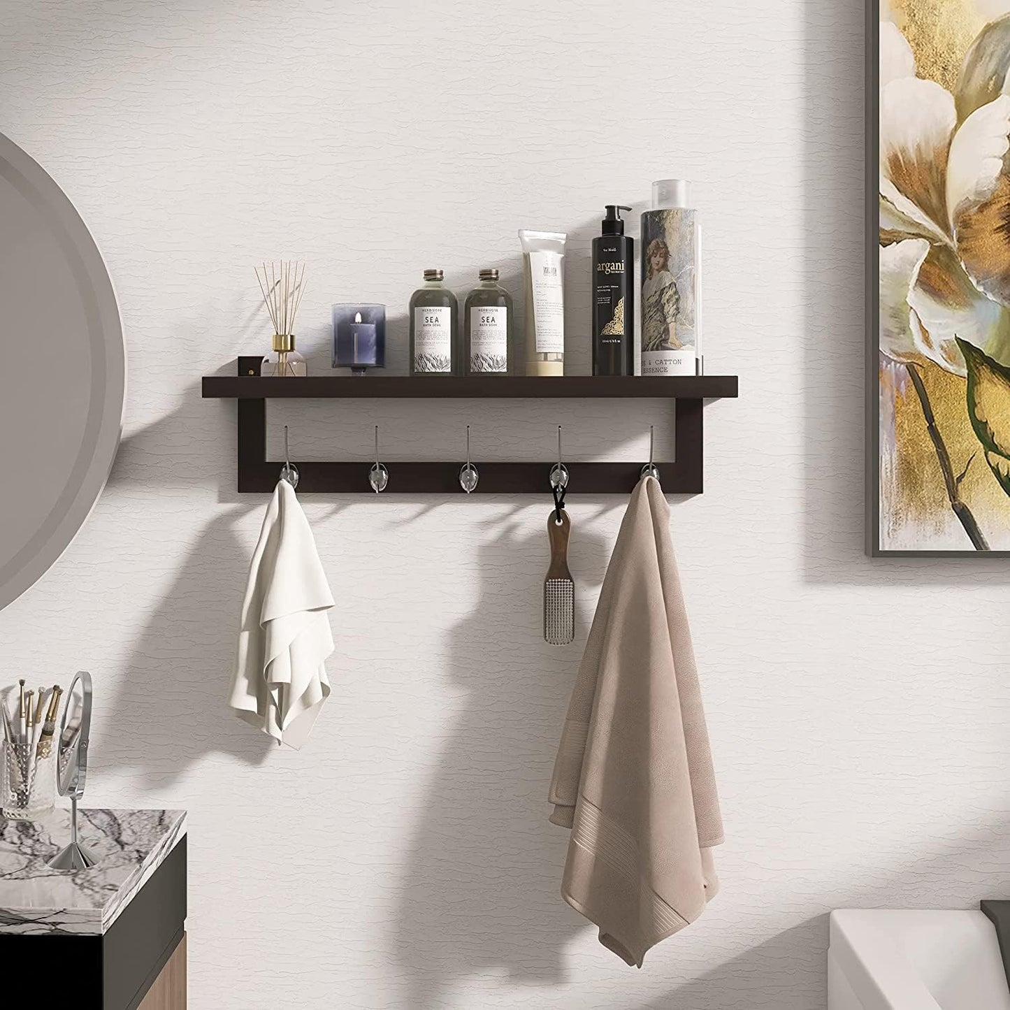 SMIBUY Coat Hooks with Shelf Wall-Mounted, 29.2 Inch Entryway Coat Rack for Wall, Bamboo Hanging Shelf with 5 Double Metal Hooks for Bathroom, Bedroom, Kitchen, Living Room, Mudroom (Dark Brown)