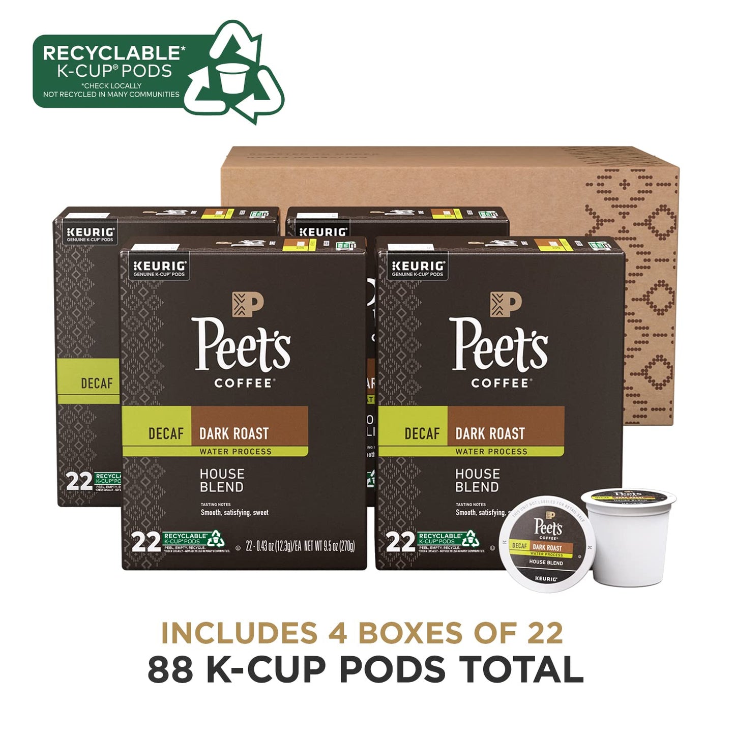 Peet's Coffee, Dark Roast Decaf Keurig K-Cup Pods - Decaf House Blend 88 Count (4 Boxes of 22 K-Cup Pods)