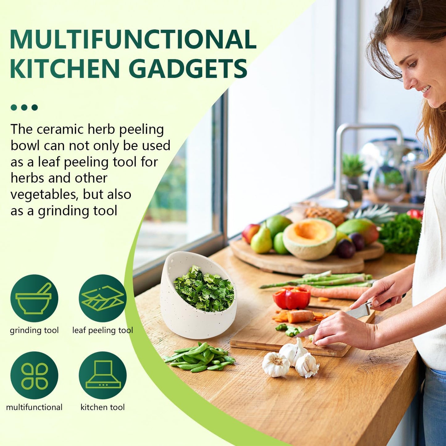 Pottery Herb Stripper Bowl, Handmade Ceramic Herb Peeling Bowl, for Separating Leaves and Stems (White)