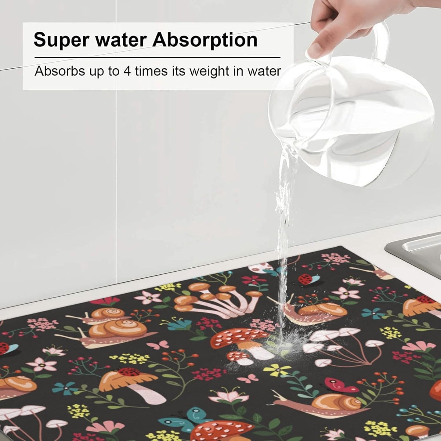 Mushroom Snails Dish Drying Mat for Kitchen Counter 18x24 Inch, Spring Floral Kitchen Drying Mat,Cute Mushrooms Decor Dishes Pad Dish Drainer Rack Mats Absorbent Fast Dry Kitchen Accessories