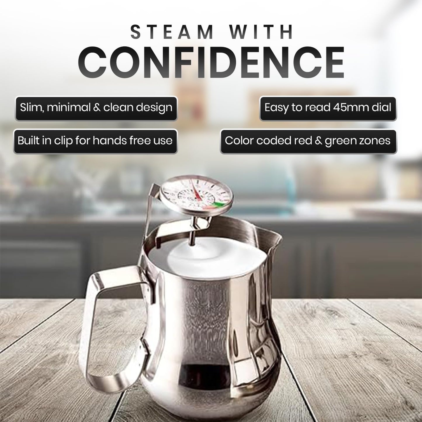 Rattleware 7” Easy Steam Thermometer for Home, Cafe, Restaurants, Residential, or Commercial Use - Milk Frothing and Barista Thermometer - Durable Fast Reading (45mm Dial)