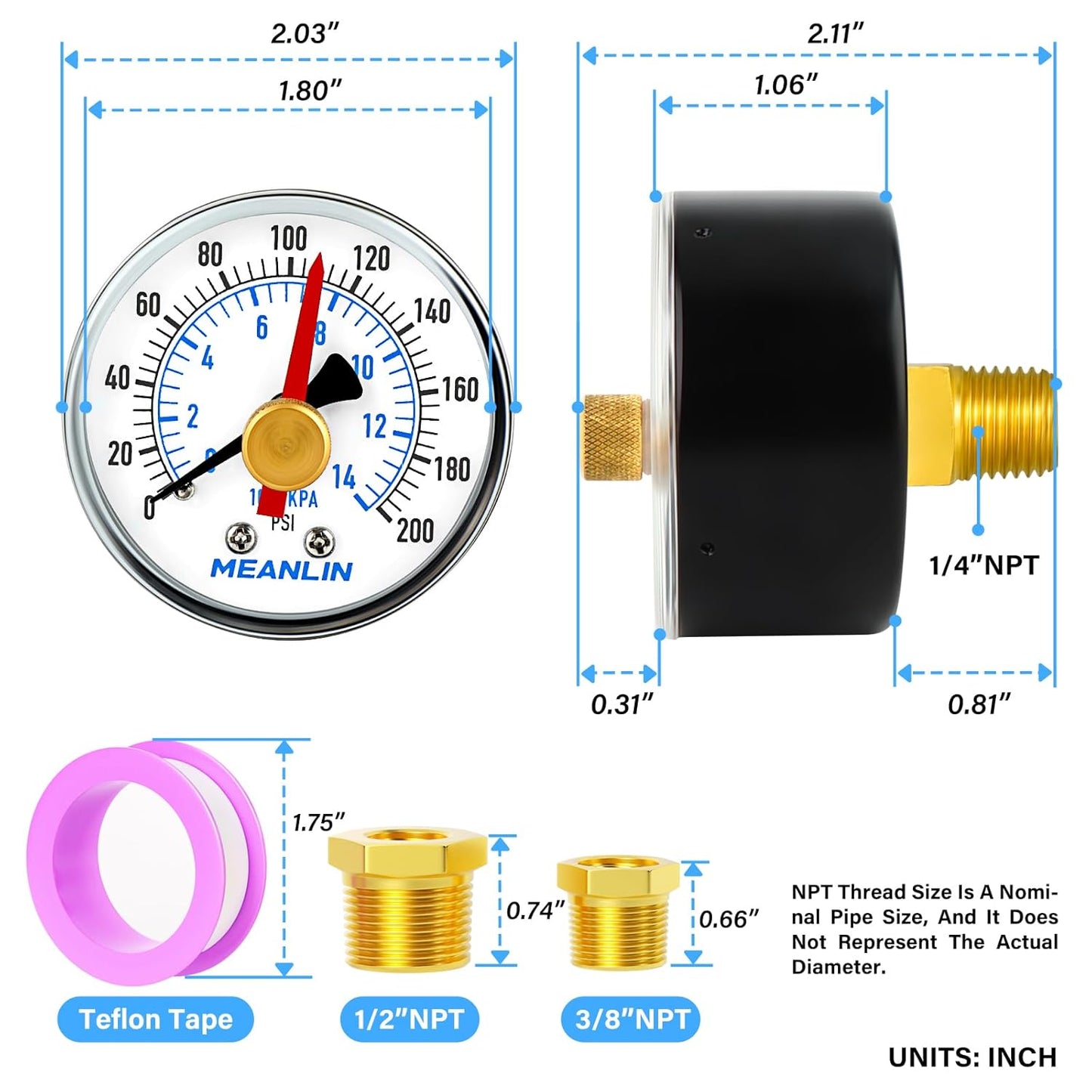 MEANLIN MEASURE 0-200Psi 2" DIAL FACE 1/4" NPT Well Pump Pressure Gauge with 1/2" NPT and 3/8" NPT Adaptor, 3-2-3% Accuracy,with Red Pointer Center Back Mount