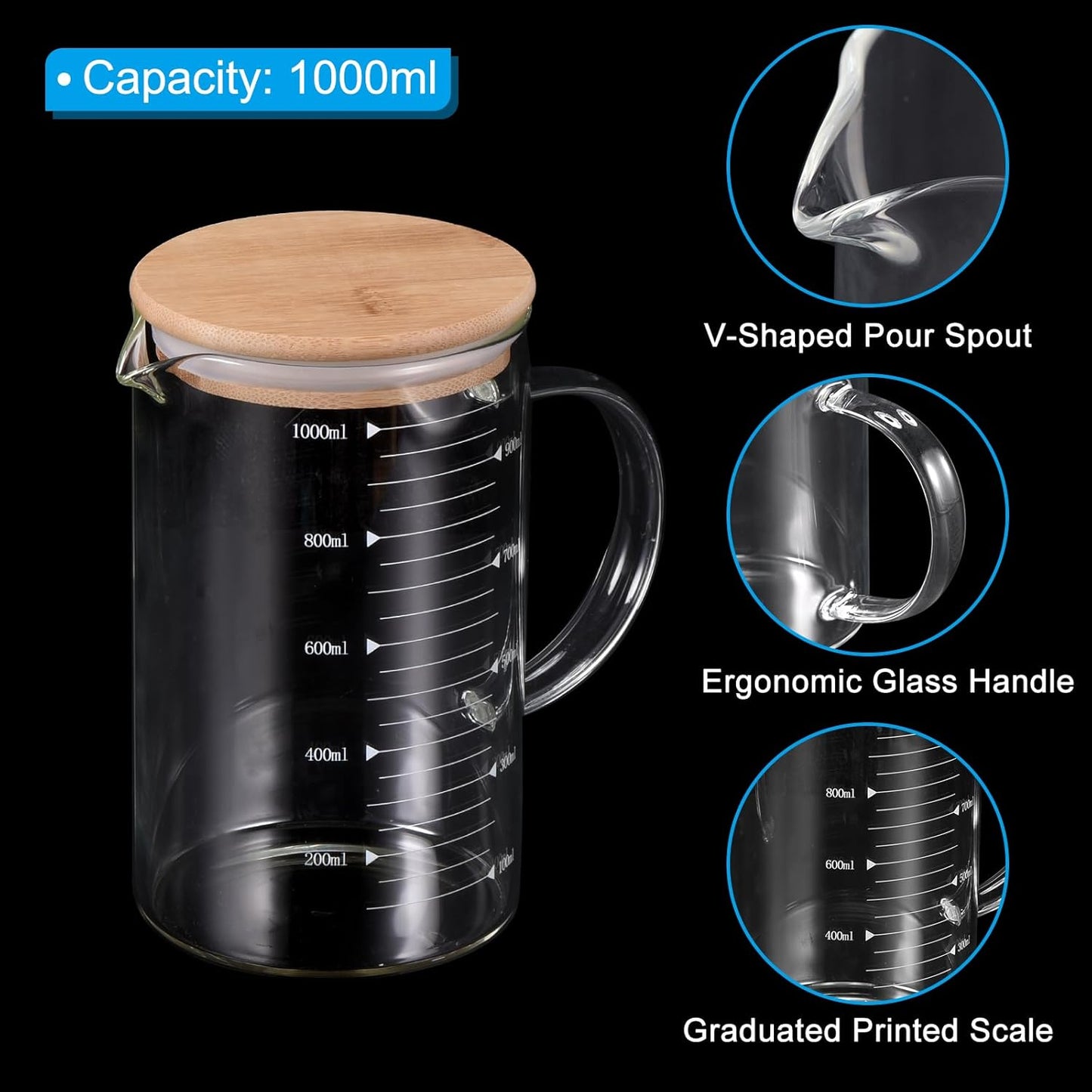 PATIKIL 1000ml Glass Measuring Cup, 3.3 Borosilicate Glass Graduated White Printed Scale Liquid Measure Cups Beaker with Wood Lid and V-Shaped Spout for Kitchen