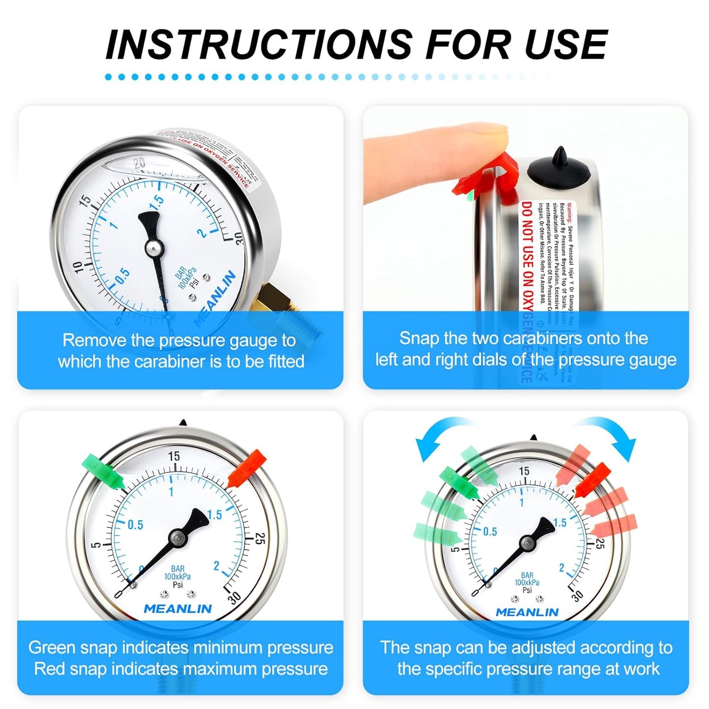 MEANLIN MEASURE 0~30Psi Liquid Filled Pressure Gauge 1/4" NPT 2.5" FACE DIAL Stainless Steel Glycerin Filled WOG Water Oil Air Lower Mount (with 2PCS Snaps)