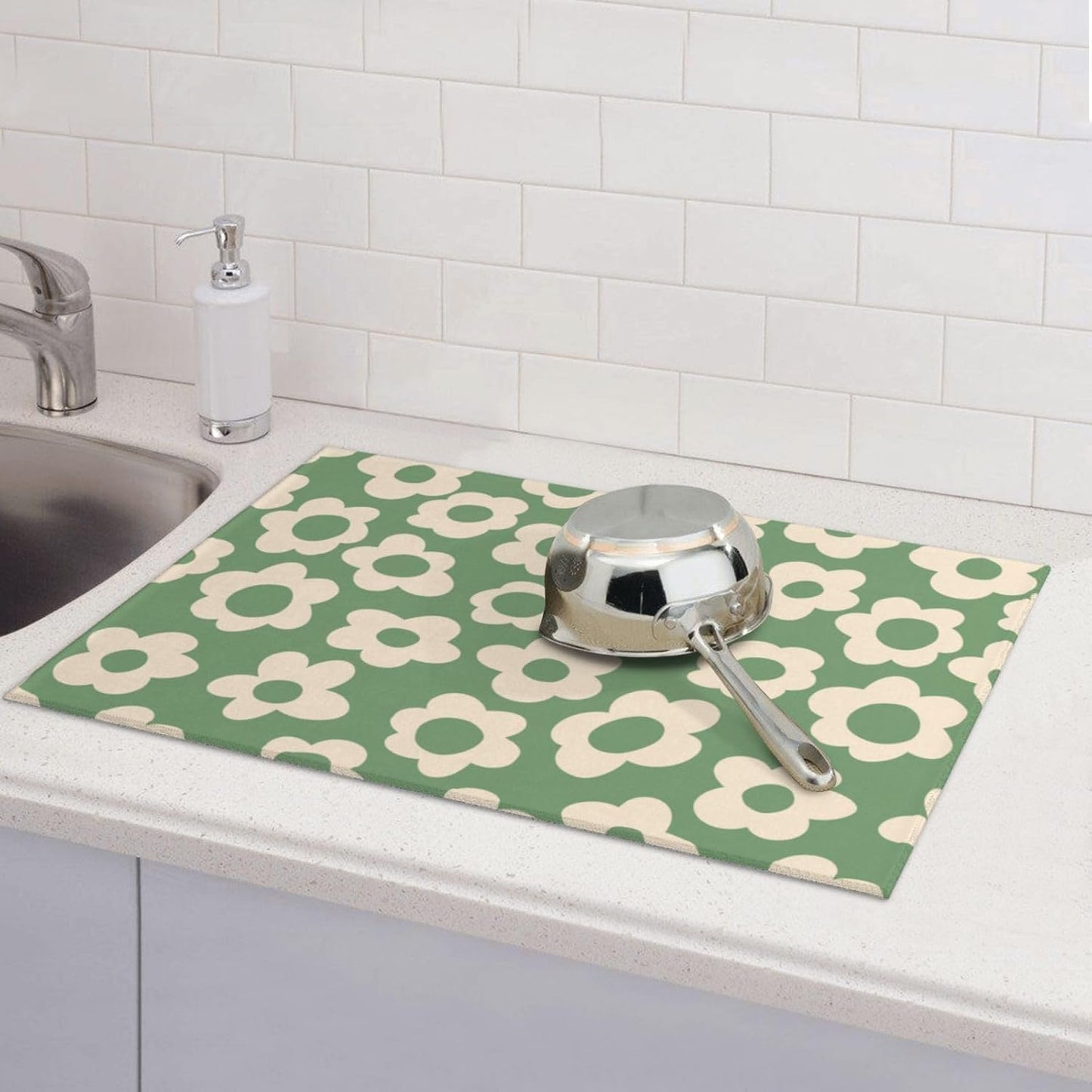 Floral Kitchen Dish Drying Mat for Dishes 18x24 Inch Vintage Groovy Flowers Drying Mat White Daisy Dish Drainer Mat Super Absorbent Dish Rack Pad for Coffee Bar Sinks(Green)