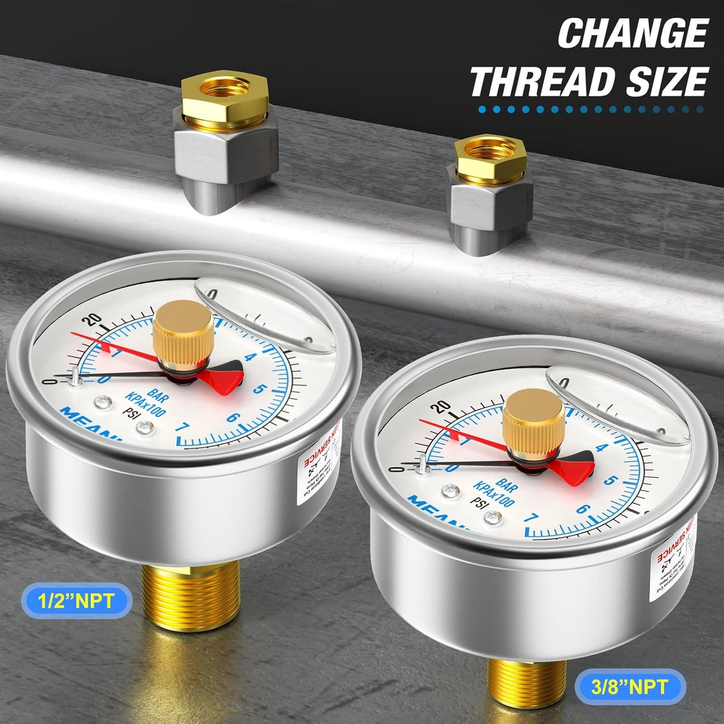 MEANLIN MEASURE 0~100Psi Stainless Steel 1/4" NPT 2.5" FACE DIAL with Reset Pointer Liquid Filled Pressure Gauge WOG Water Oil Air, Back Mount, with Brass Hex Bushing