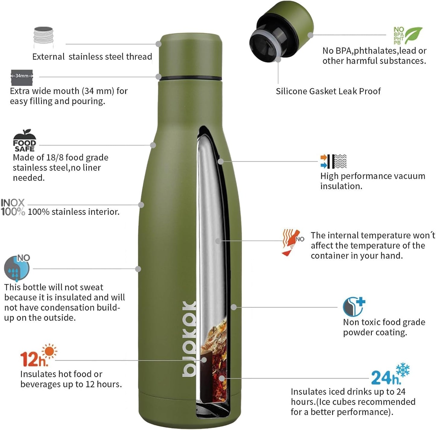 BJPKPK 17oz Insulated Water Bottles Stainless Steel Sports Water Bottles Keep Cold and Hot for Travel Dishwasher Safe,Olive Green