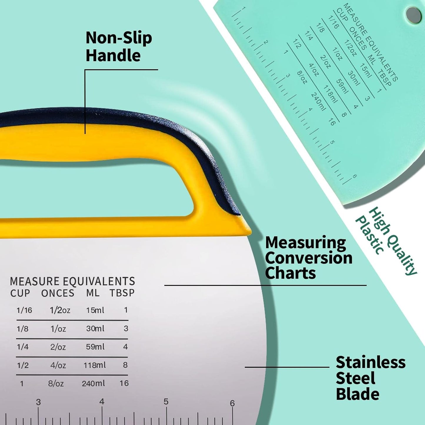 YGDZ Dough Scraper 2 PCS, Stainless Steel Bench Scraper With Grip, Plastic Dough Cutter with Measuring Scale, Multipurpose Pizza Cutter, Pastry Scraper, Bread Scraper for Baking, Dough, Cake